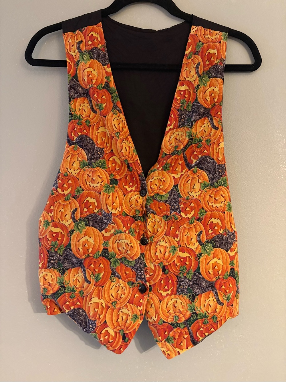 Vintage 1990s Halloween Pumpkin Black Cat Print Vest